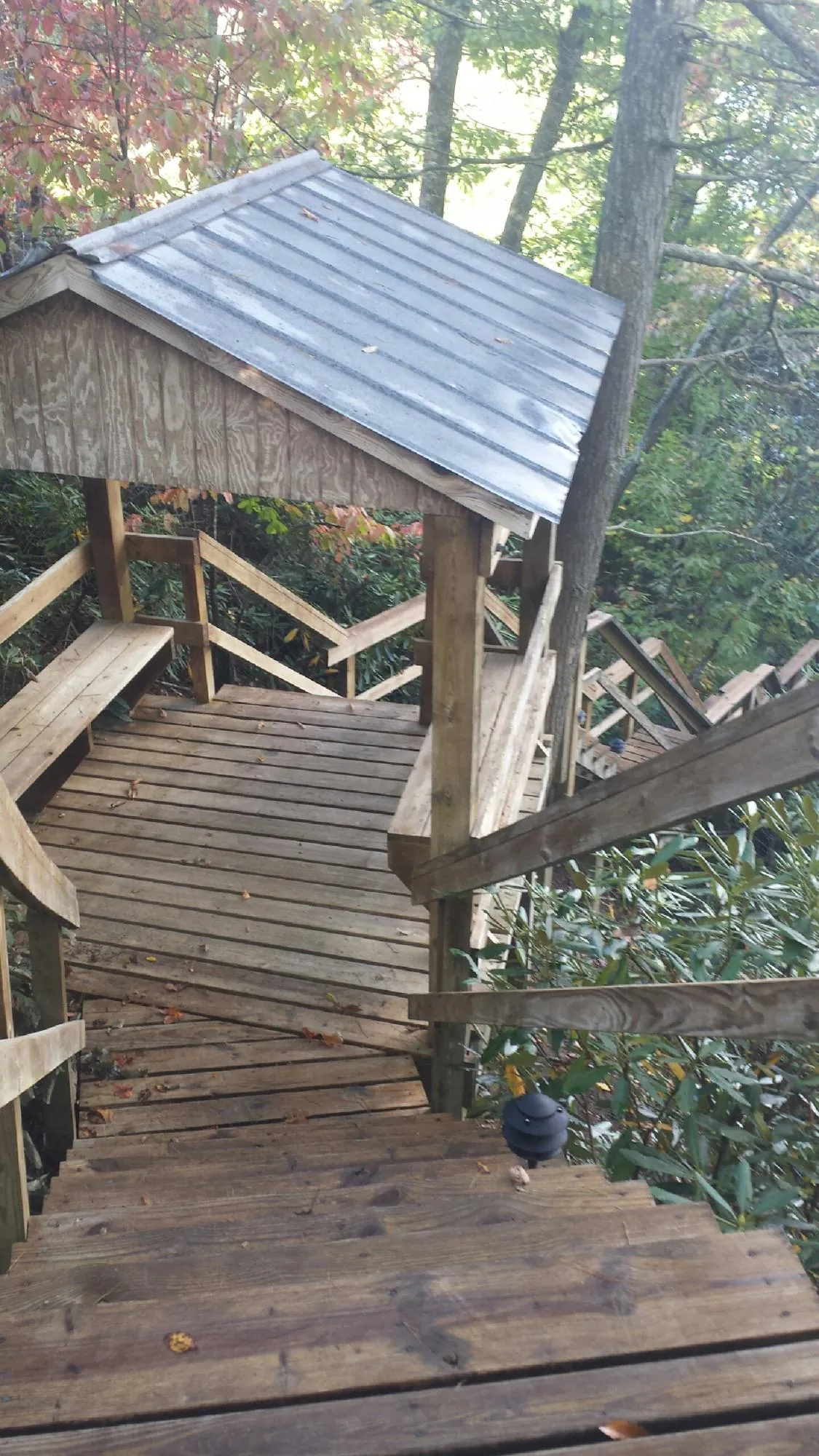 Metal roofed shelter over wooden steps on a wooded walkway — Skylight Repair & Installation work by our crew in Marana